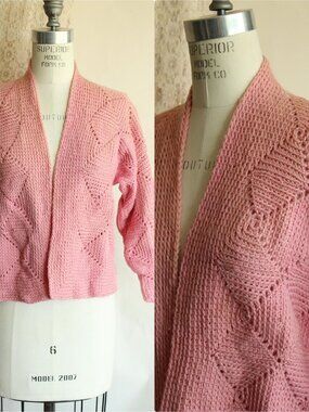 Vintage 1940s Wool Sweater, Pink Knit Cardigan with Diamond Pattern